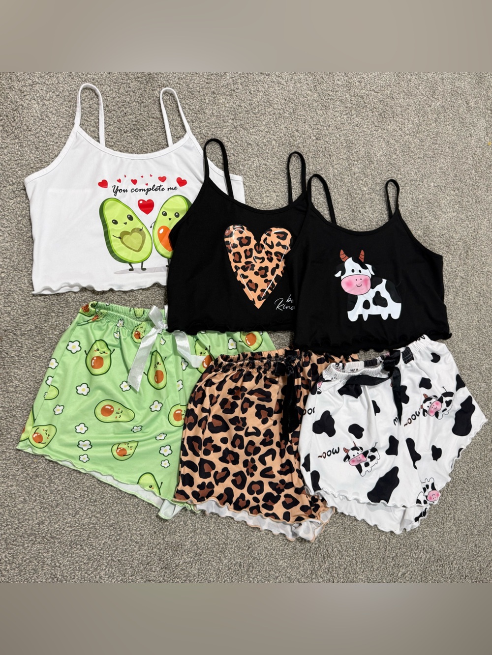 Three short-and-crop-top pajama sets featuring beautiful avocado, cow print, and